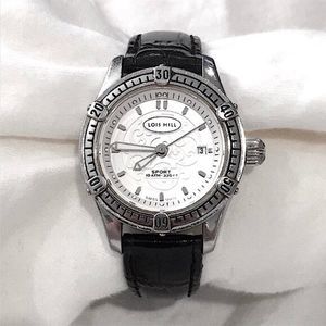LOIS HILL Round White Face Scroll Embellished Sport Watch w/ Black Leather Band